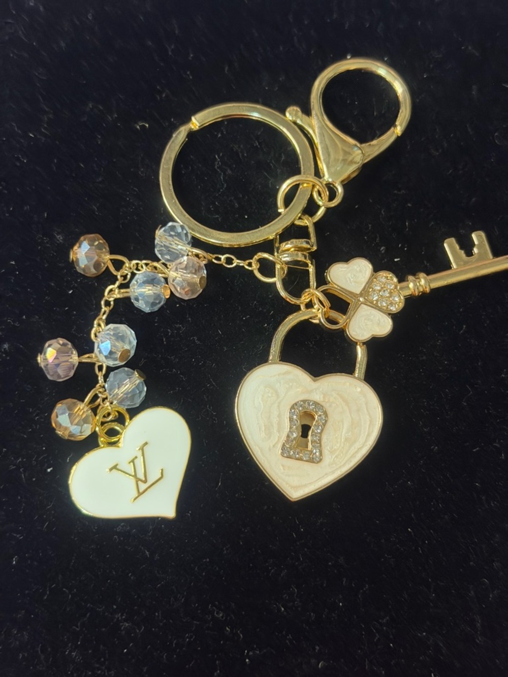 Gold-Tone Heart Padlock Keychain with White Heart Charm